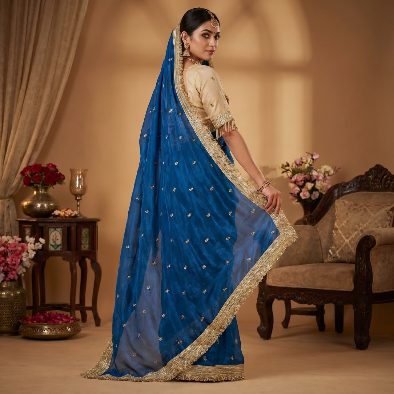 Elegant Fandy Satin Saree with Sequins Butti & Designer Lace Border -BLUE