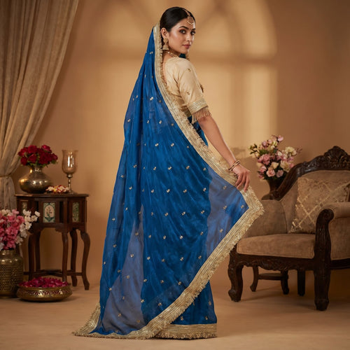 Elegant Fandy Satin Saree with Sequins Butti & Designer Lace Border -BLUE
