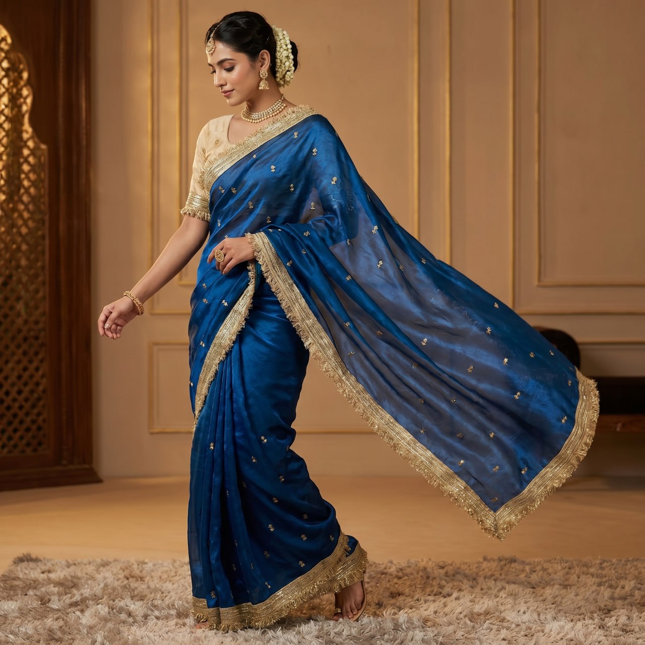 Elegant Fandy Satin Saree with Sequins Butti & Designer Lace Border -BLUE
