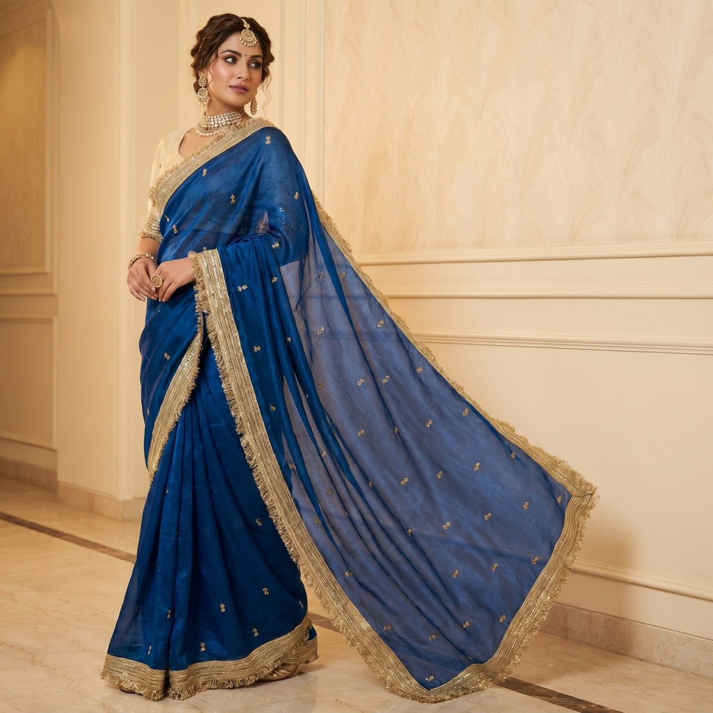 Elegant Fandy Satin Saree with Sequins Butti & Designer Lace Border -BLUE
