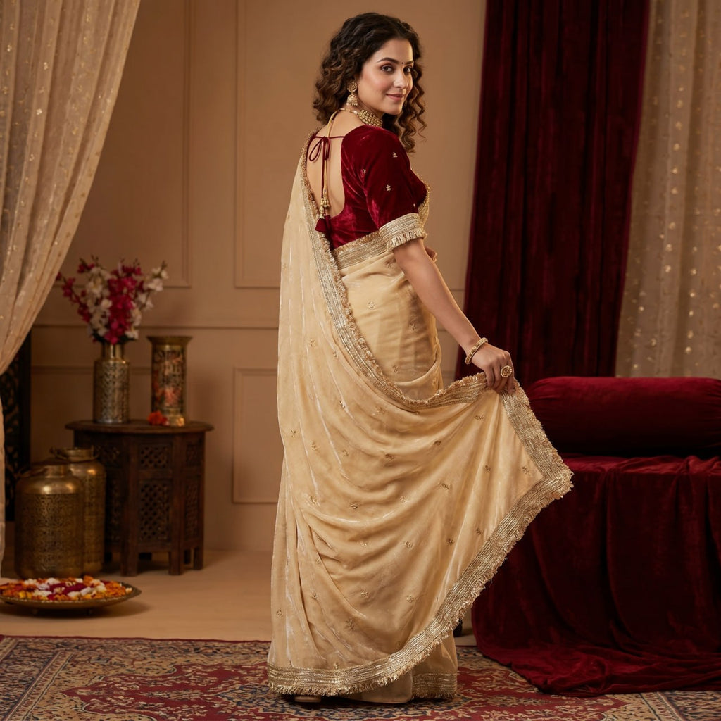 Elegant Fandy Satin Saree with Sequins Butti & Designer Lace Border -OFF WHITE