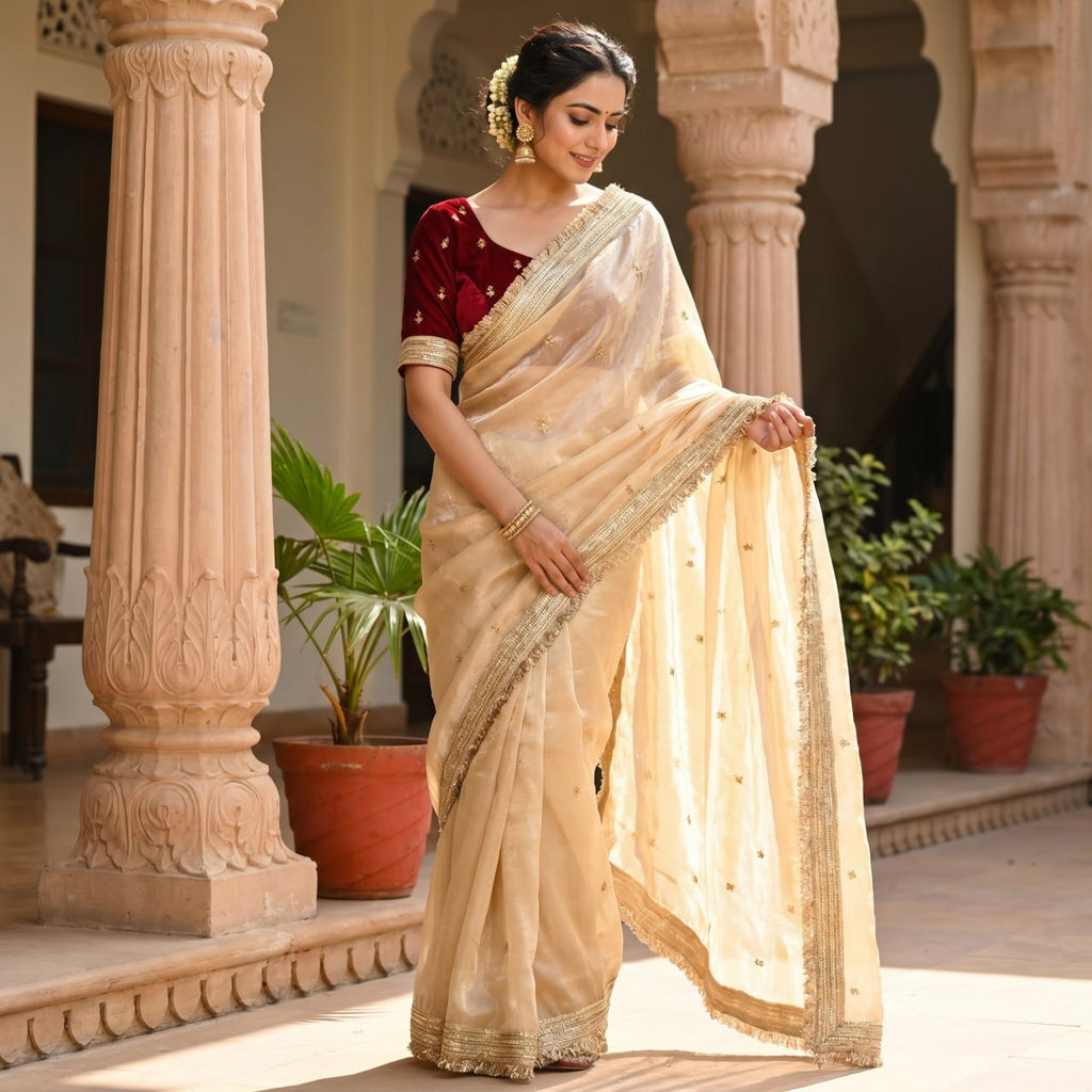 Elegant Fandy Satin Saree with Sequins Butti & Designer Lace Border -OFF WHITE