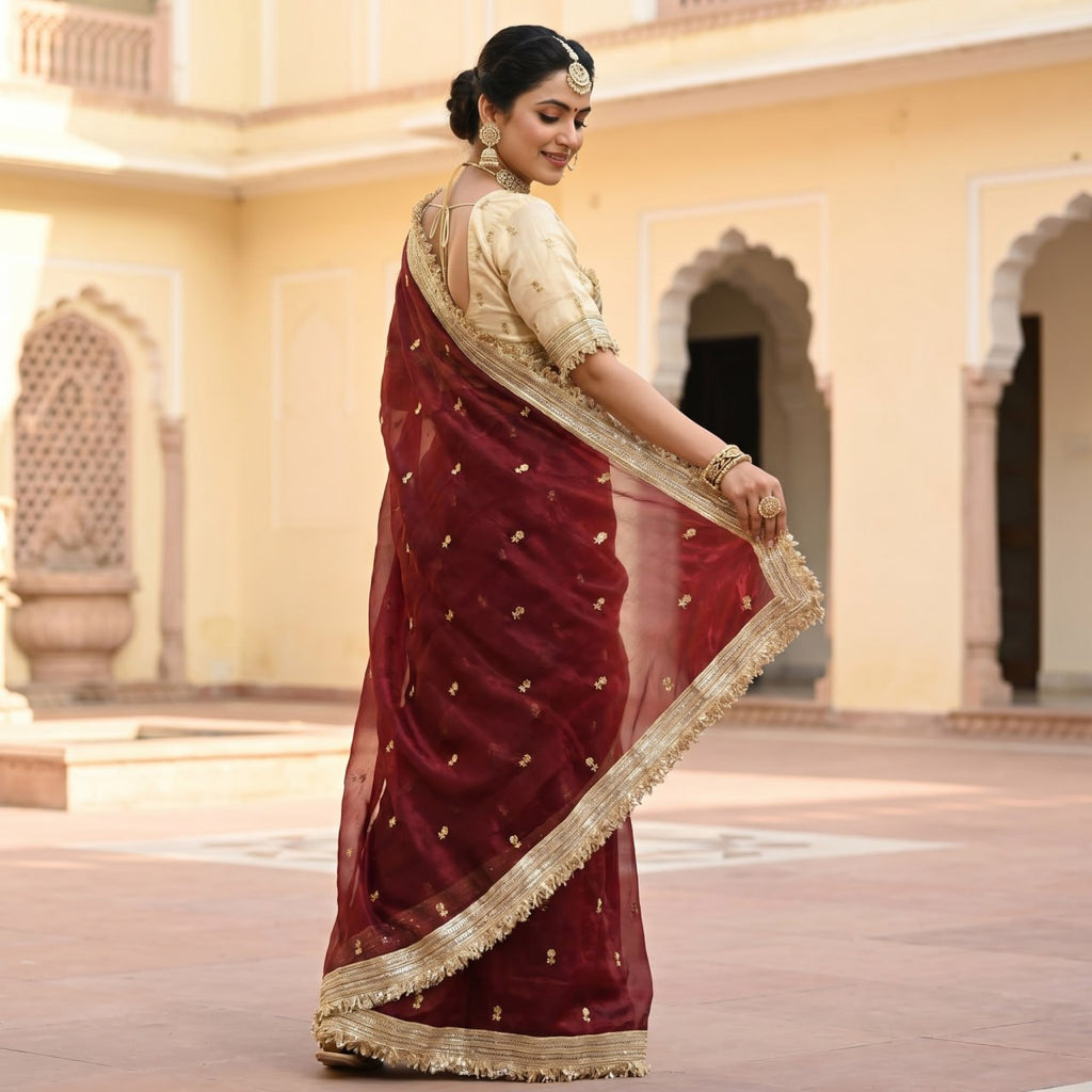Elegant Fandy Satin Saree with Sequins Butti & Designer Lace Border -MAROON