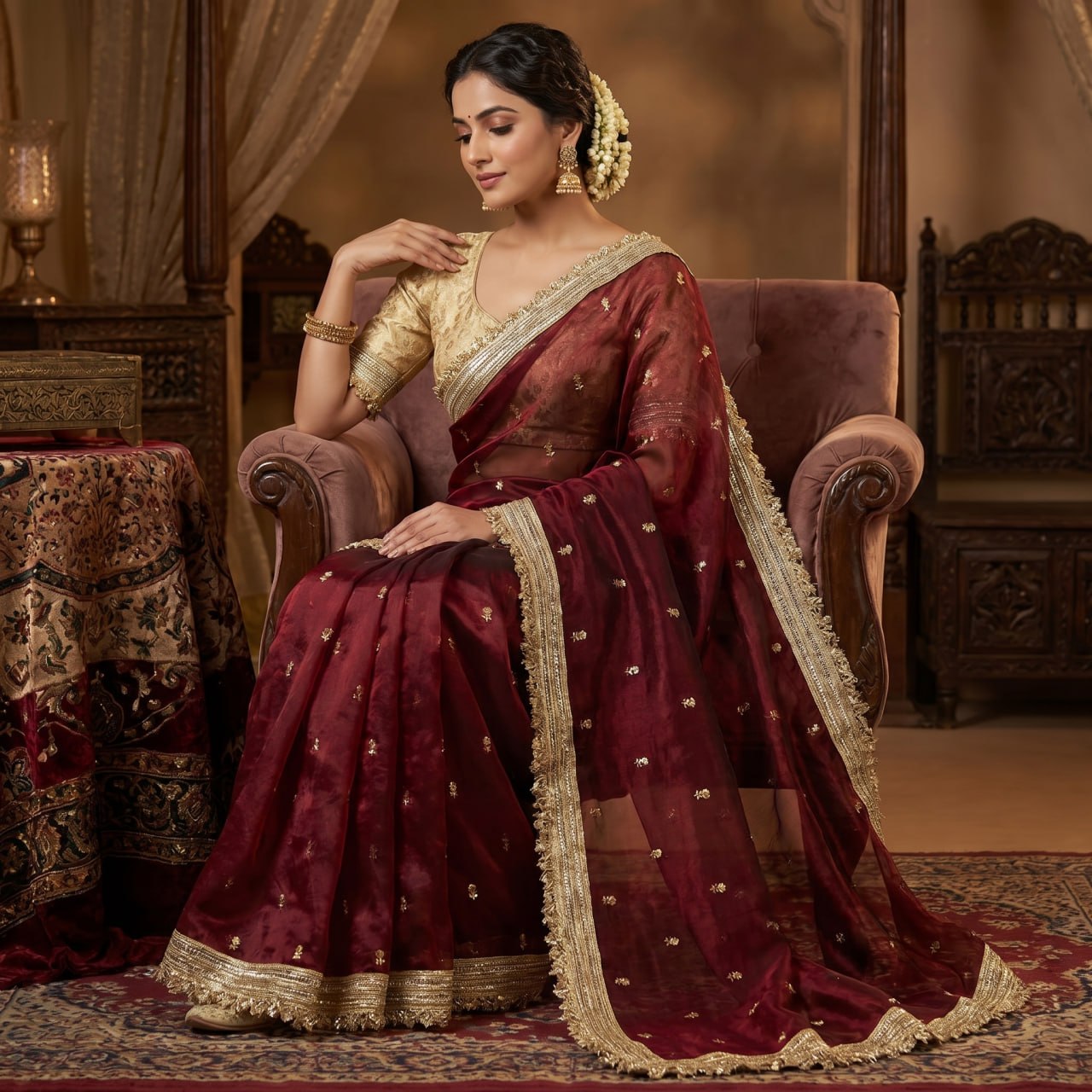 Elegant Fandy Satin Saree with Sequins Butti & Designer Lace Border -MAROON