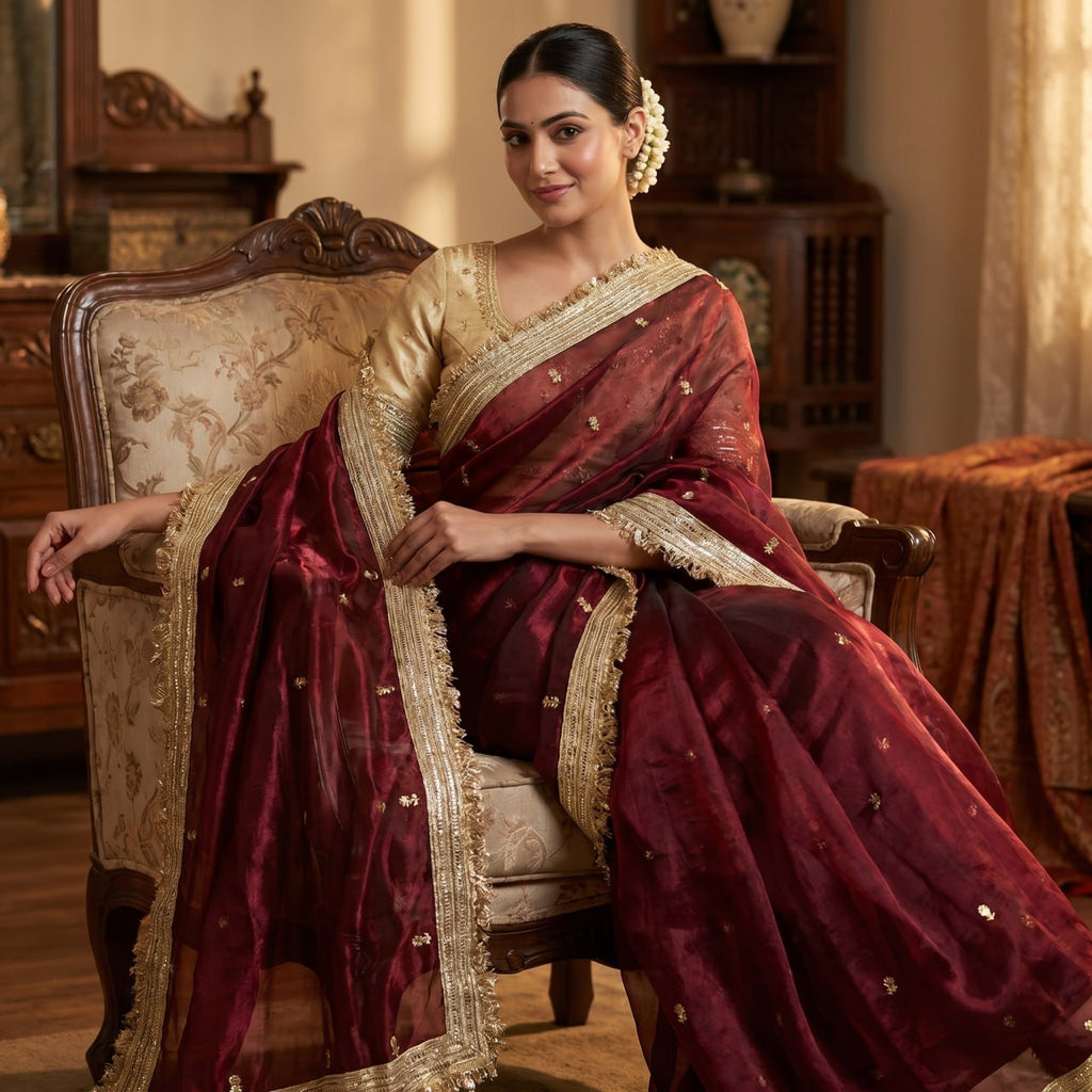 Elegant Fandy Satin Saree with Sequins Butti & Designer Lace Border -MAROON