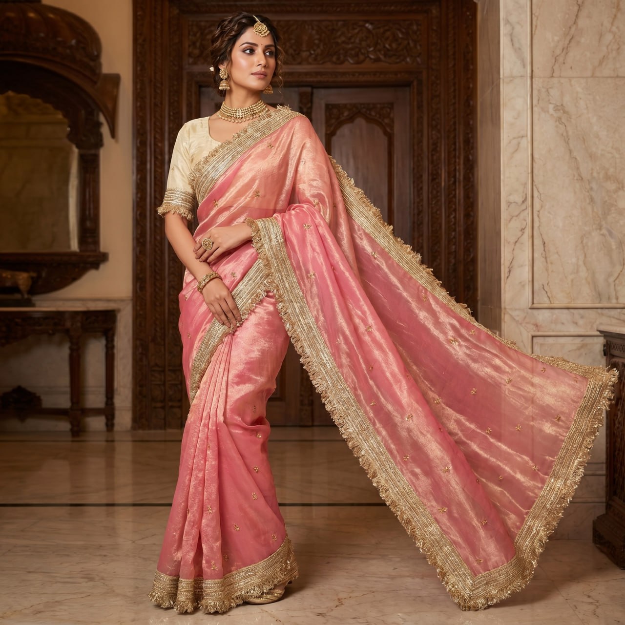 Elegant Fandy Satin Saree with Sequins Butti & Designer Lace Border -PINK
