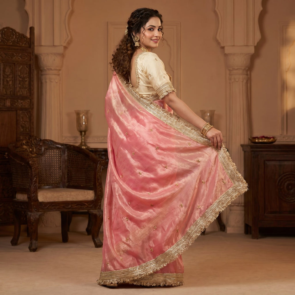Elegant Fandy Satin Saree with Sequins Butti & Designer Lace Border -PINK