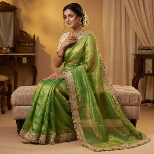 Elegant Fandy Satin Saree with Sequins Butti & Designer Lace Border -PARROT
