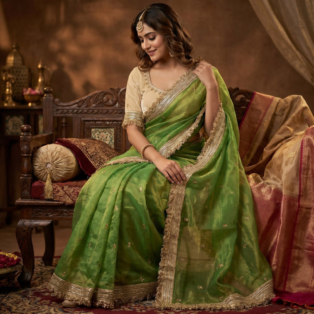 Elegant Fandy Satin Saree with Sequins Butti & Designer Lace Border -PARROT