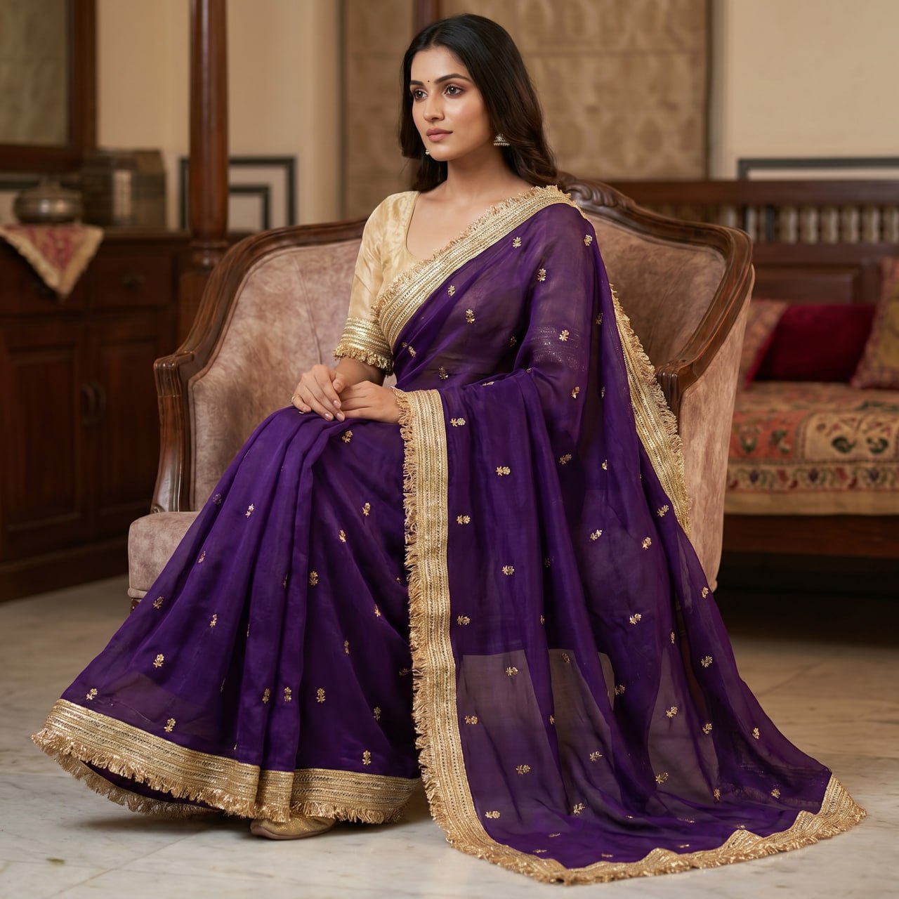 Elegant Fandy Satin Saree with Sequins Butti & Designer Lace Border -PURPLE