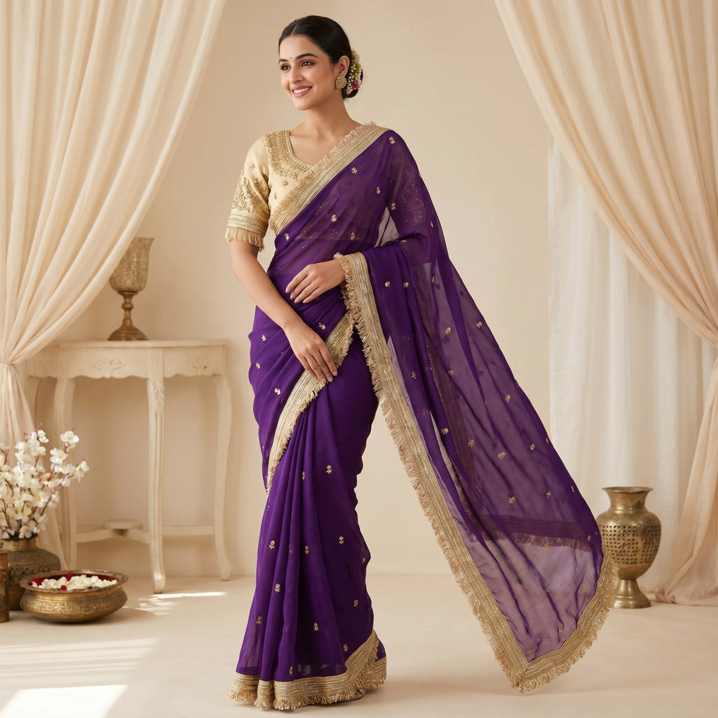 Elegant Fandy Satin Saree with Sequins Butti & Designer Lace Border -PURPLE
