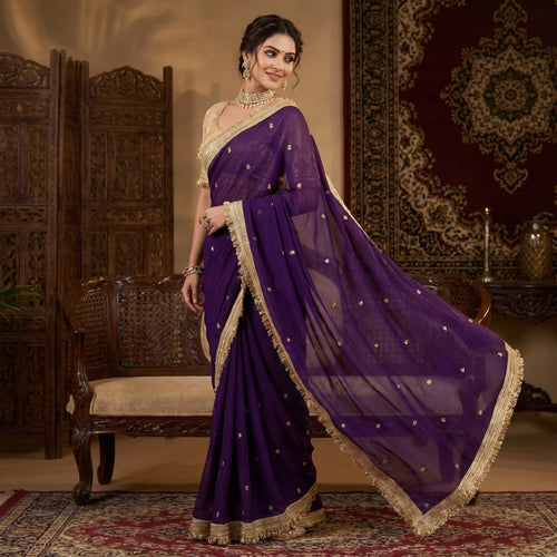Elegant Fandy Satin Saree with Sequins Butti & Designer Lace Border -PURPLE