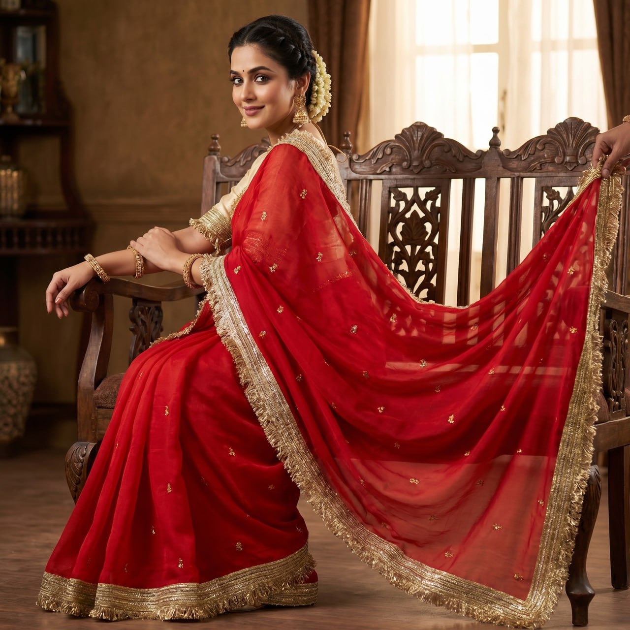 Elegant Fandy Satin Saree with Sequins Butti & Designer Lace Border -RED