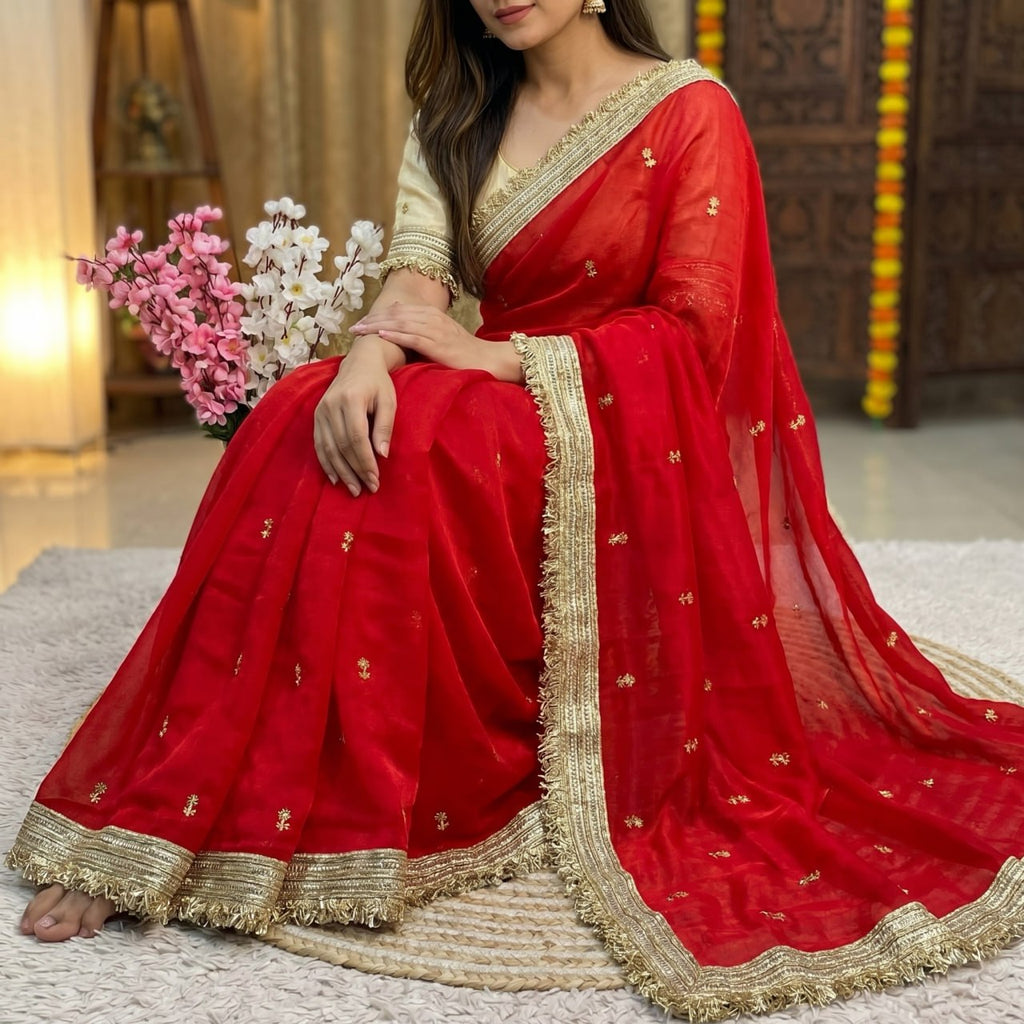 Elegant Fandy Satin Saree with Sequins Butti & Designer Lace Border -RED