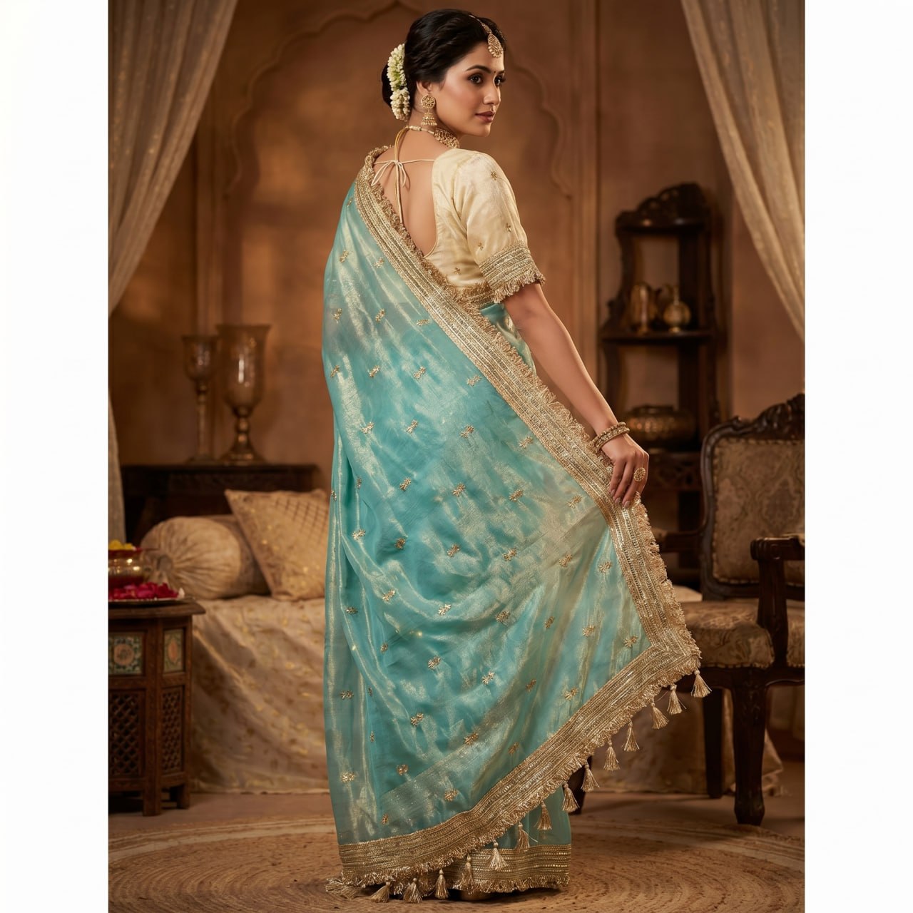 Elegant Fandy Satin Saree with Sequins Butti & Designer Lace Border -SKY