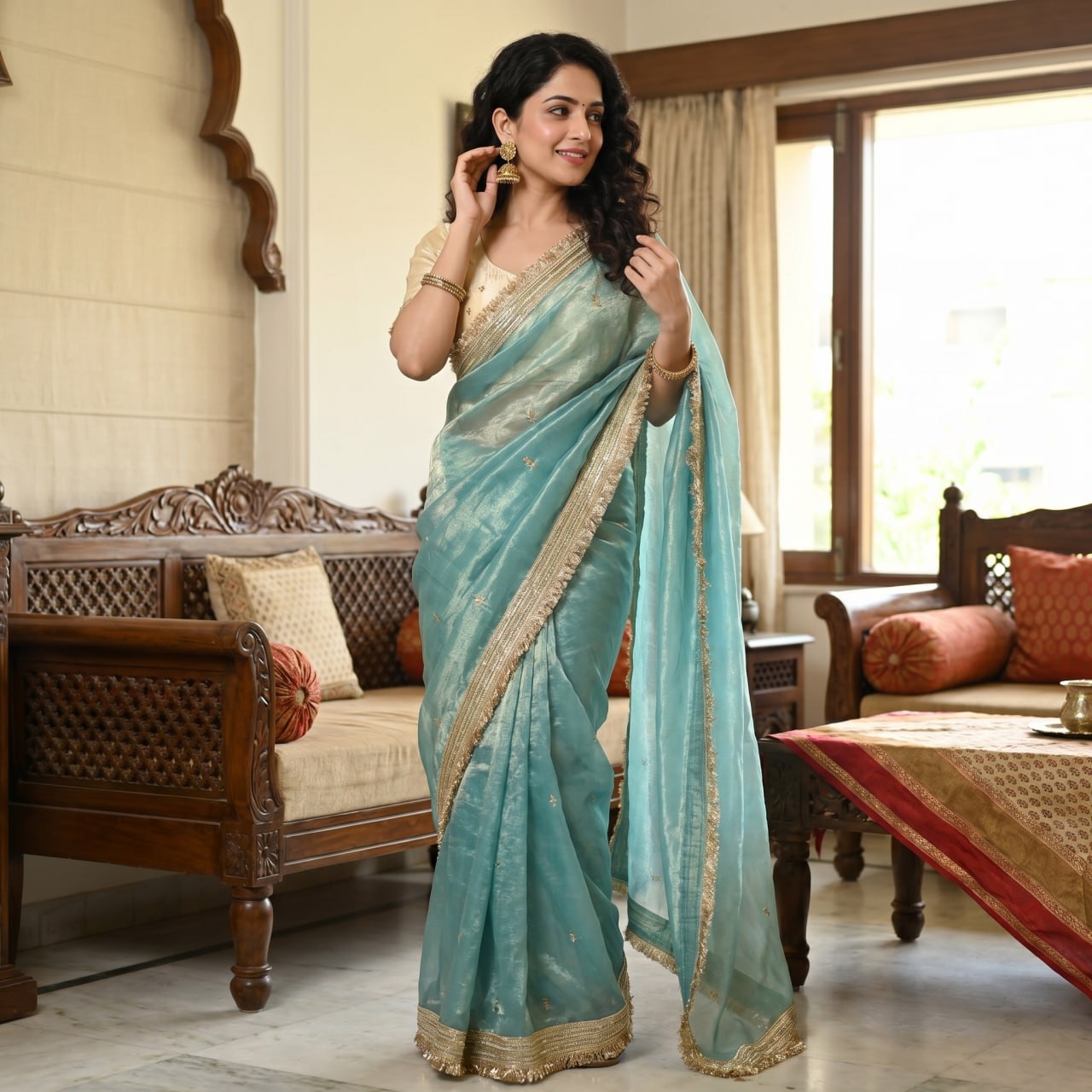 Elegant Fandy Satin Saree with Sequins Butti & Designer Lace Border -SKY