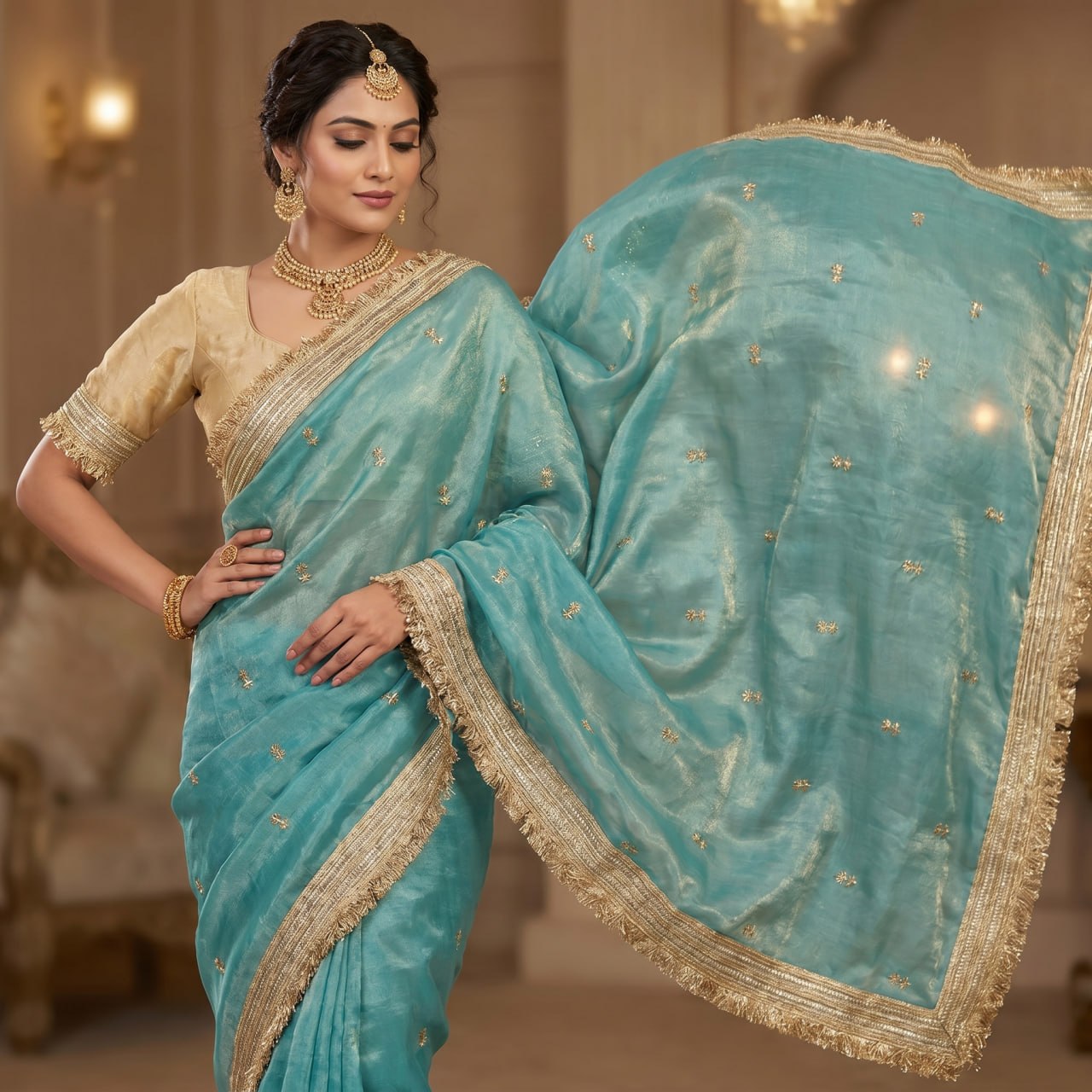 Elegant Fandy Satin Saree with Sequins Butti & Designer Lace Border -SKY