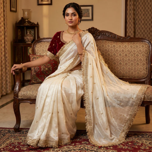 Elegant Fandy Satin Saree with Sequins Butti & Designer Lace Border -WHITE