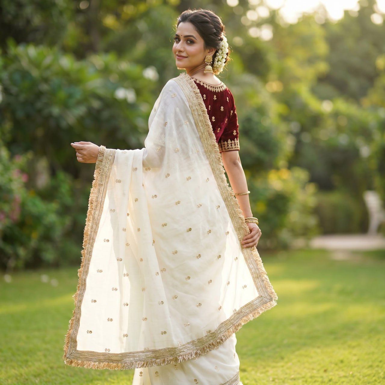 Elegant Fandy Satin Saree with Sequins Butti & Designer Lace Border -WHITE