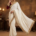 Elegant Fandy Satin Saree with Sequins Butti & Designer Lace Border -WHITE