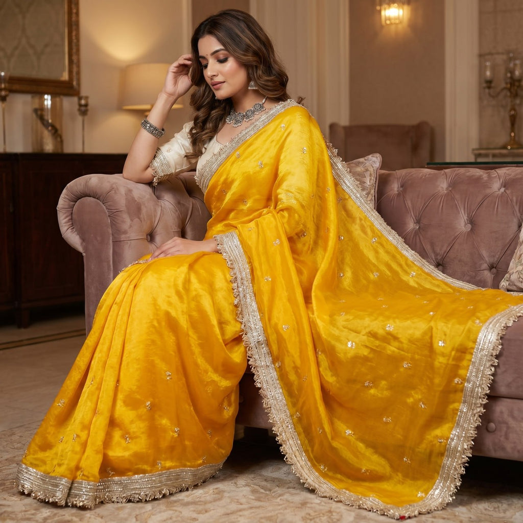 Elegant Fandy Satin Saree with Sequins Butti & Designer Lace Border -YELLOW