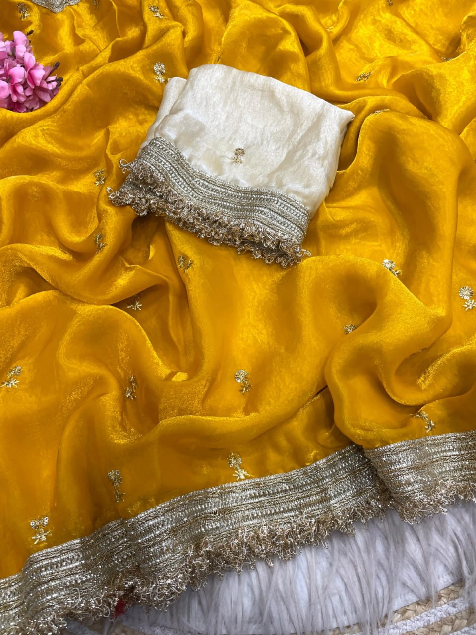 Elegant Fandy Satin Saree with Sequins Butti & Designer Lace Border -YELLOW