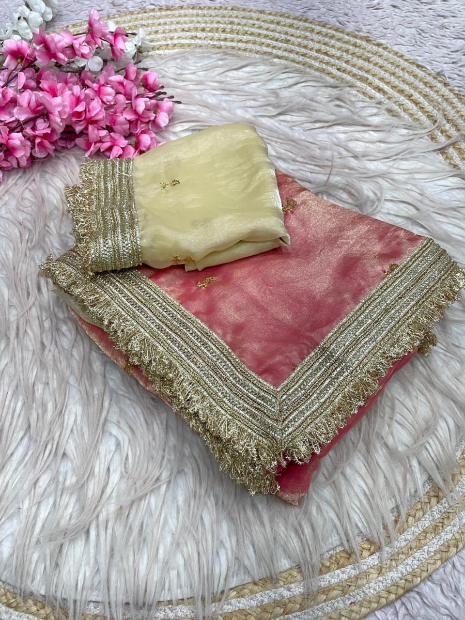 Elegant Fandy Satin Saree with Sequins Butti & Designer Lace Border -PINK