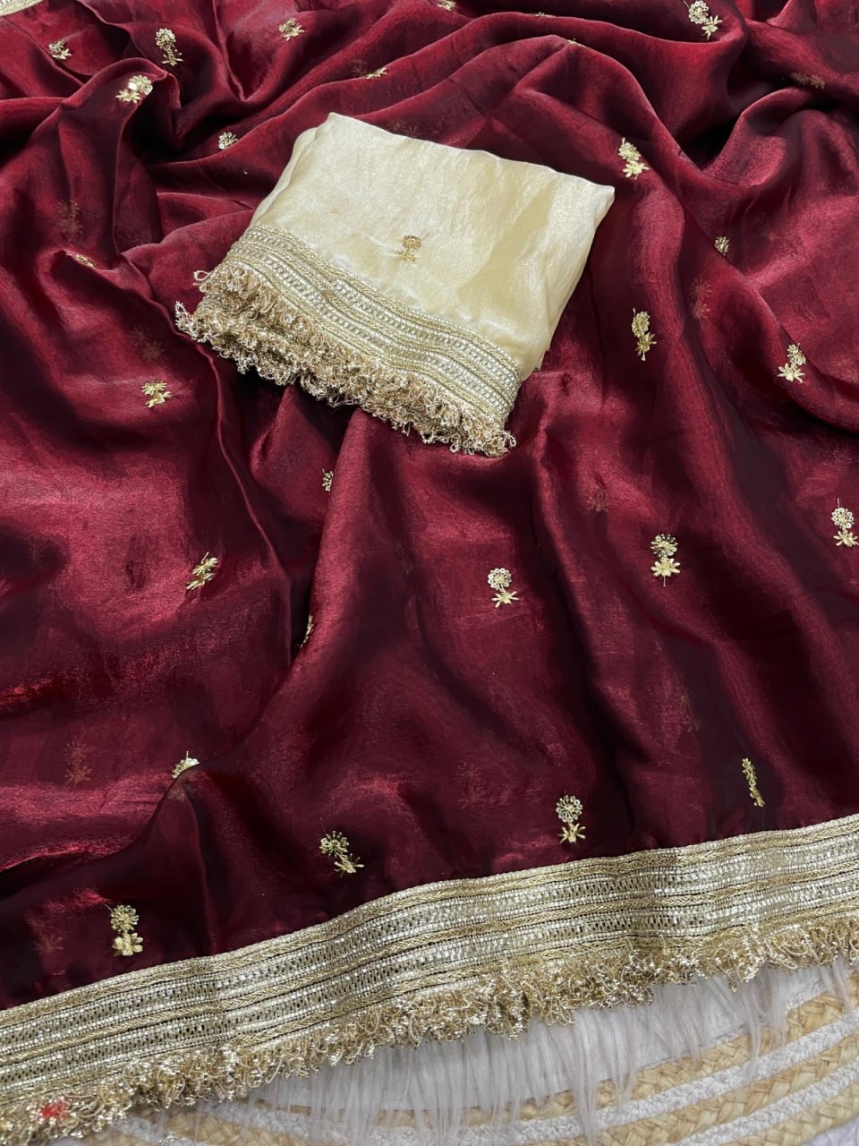 Elegant Fandy Satin Saree with Sequins Butti & Designer Lace Border -MAROON