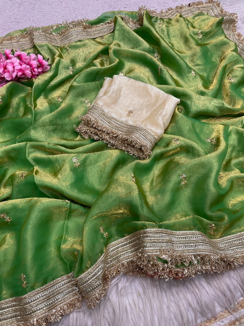 Elegant Fandy Satin Saree with Sequins Butti & Designer Lace Border -PARROT