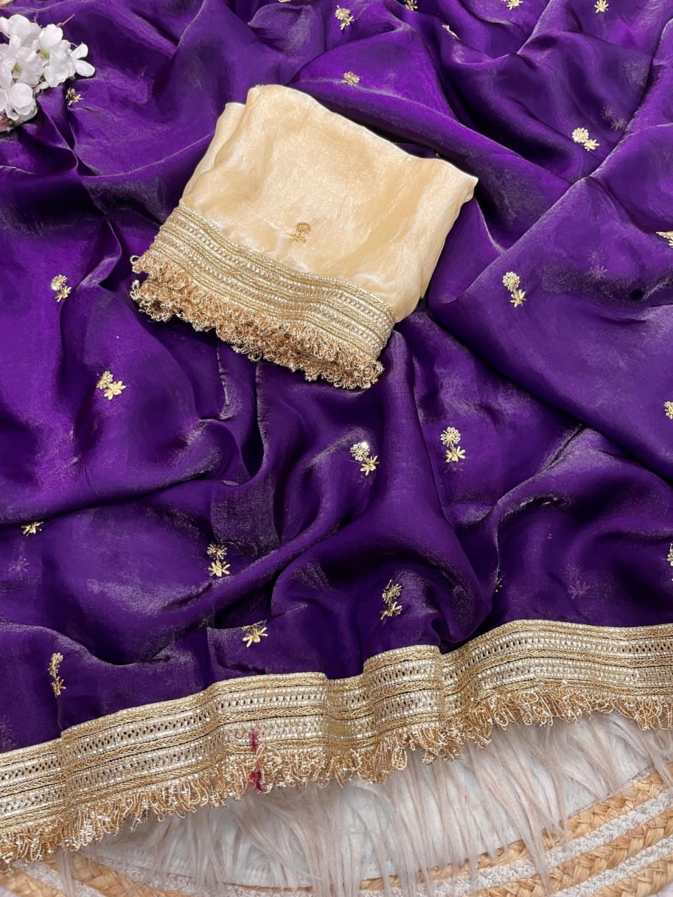 Elegant Fandy Satin Saree with Sequins Butti & Designer Lace Border -PURPLE