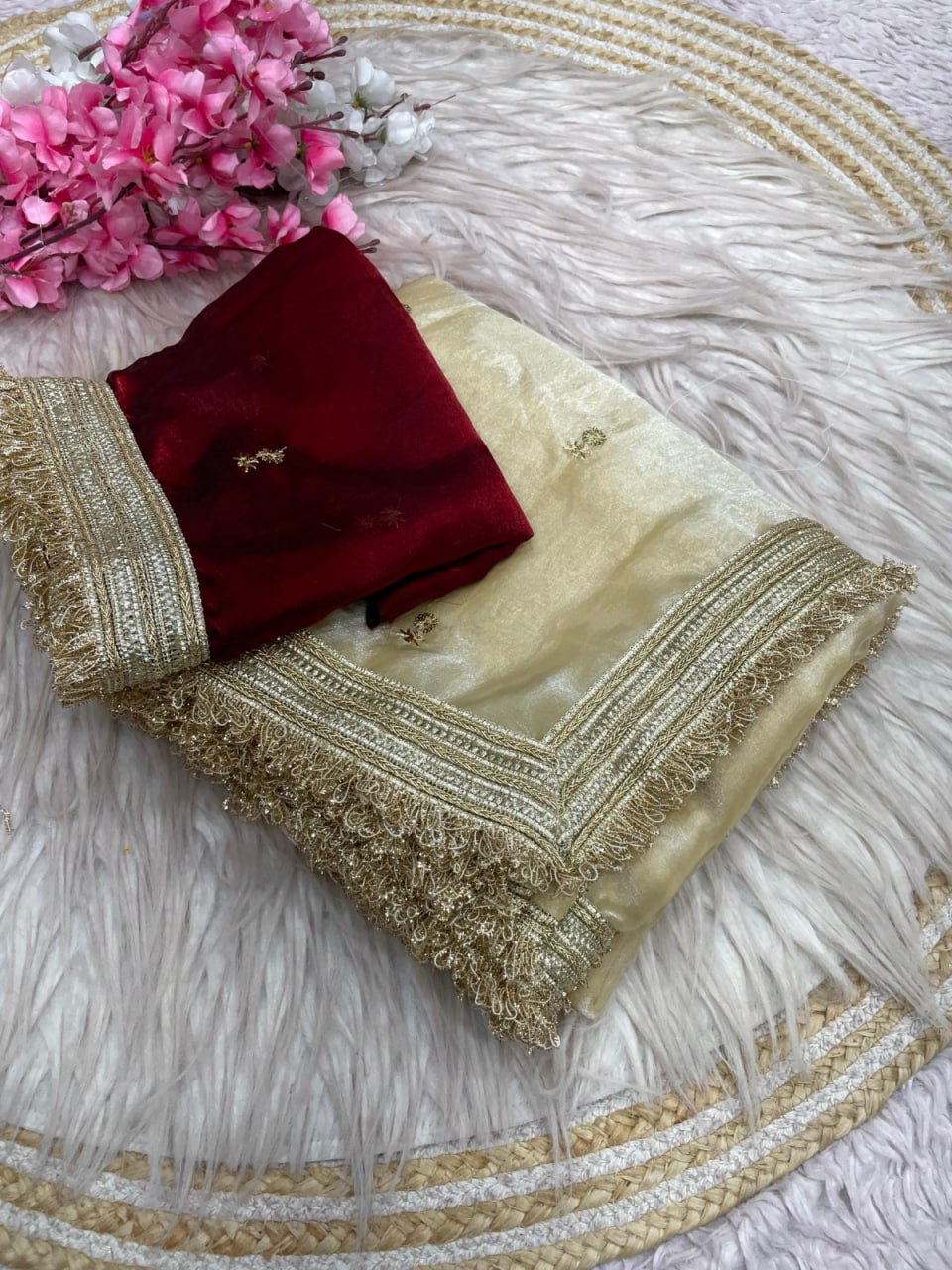 Elegant Fandy Satin Saree with Sequins Butti & Designer Lace Border -OFF WHITE