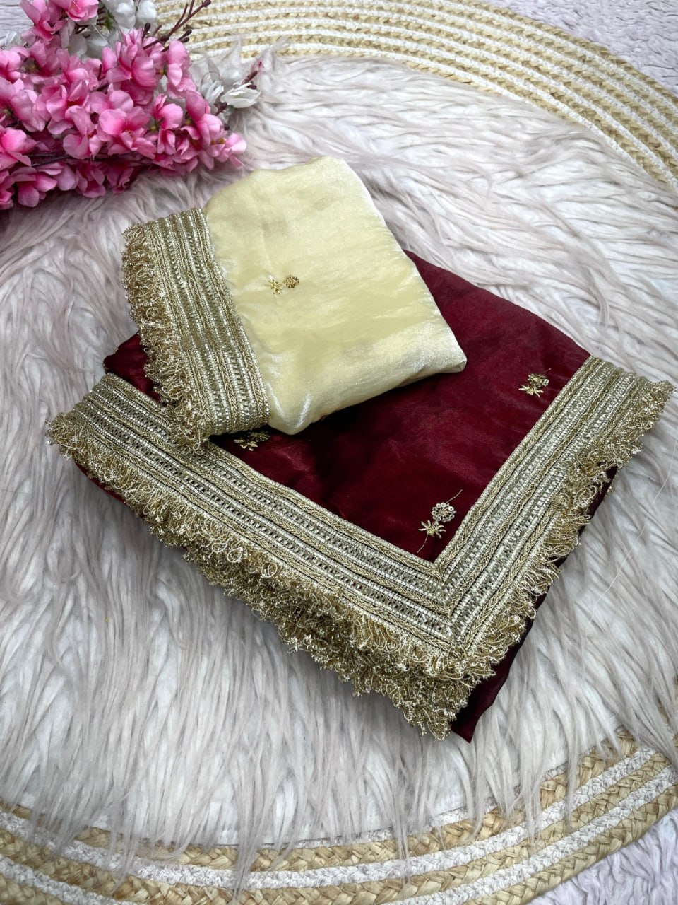 Elegant Fandy Satin Saree with Sequins Butti & Designer Lace Border -MAROON
