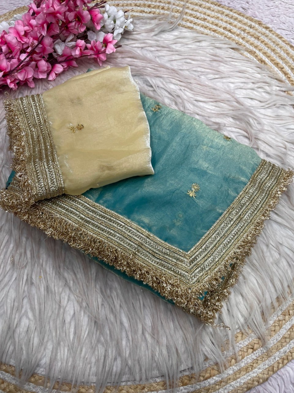 Elegant Fandy Satin Saree with Sequins Butti & Designer Lace Border -SKY