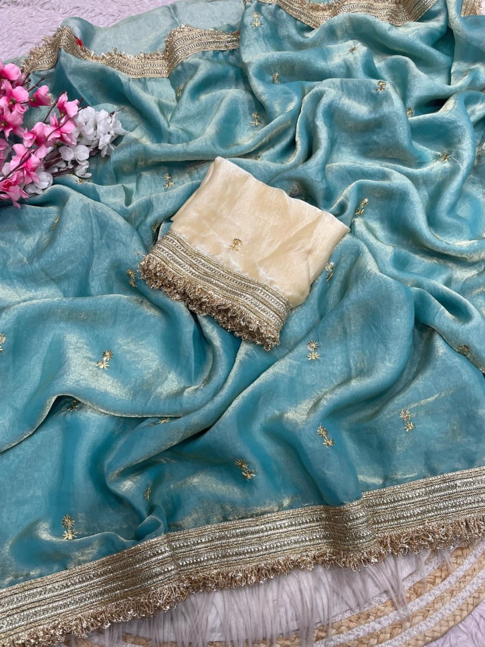 Elegant Fandy Satin Saree with Sequins Butti & Designer Lace Border -SKY