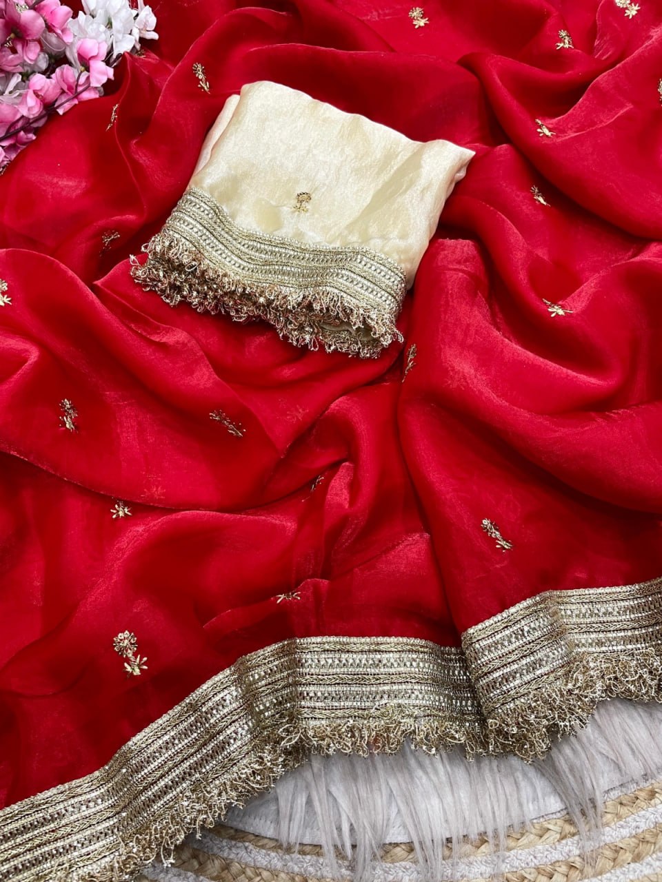Elegant Fandy Satin Saree with Sequins Butti & Designer Lace Border -RED