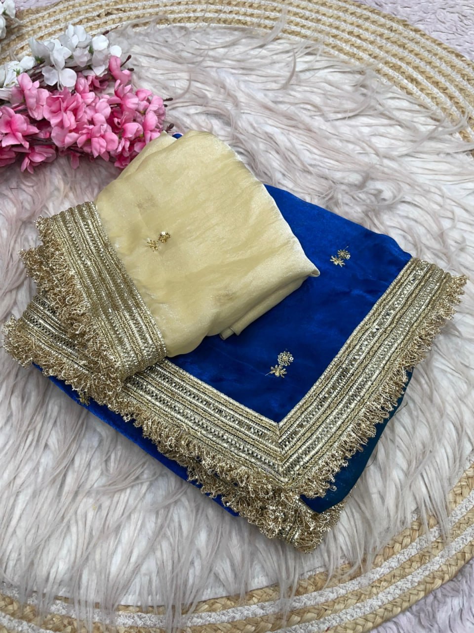 Elegant Fandy Satin Saree with Sequins Butti & Designer Lace Border -BLUE