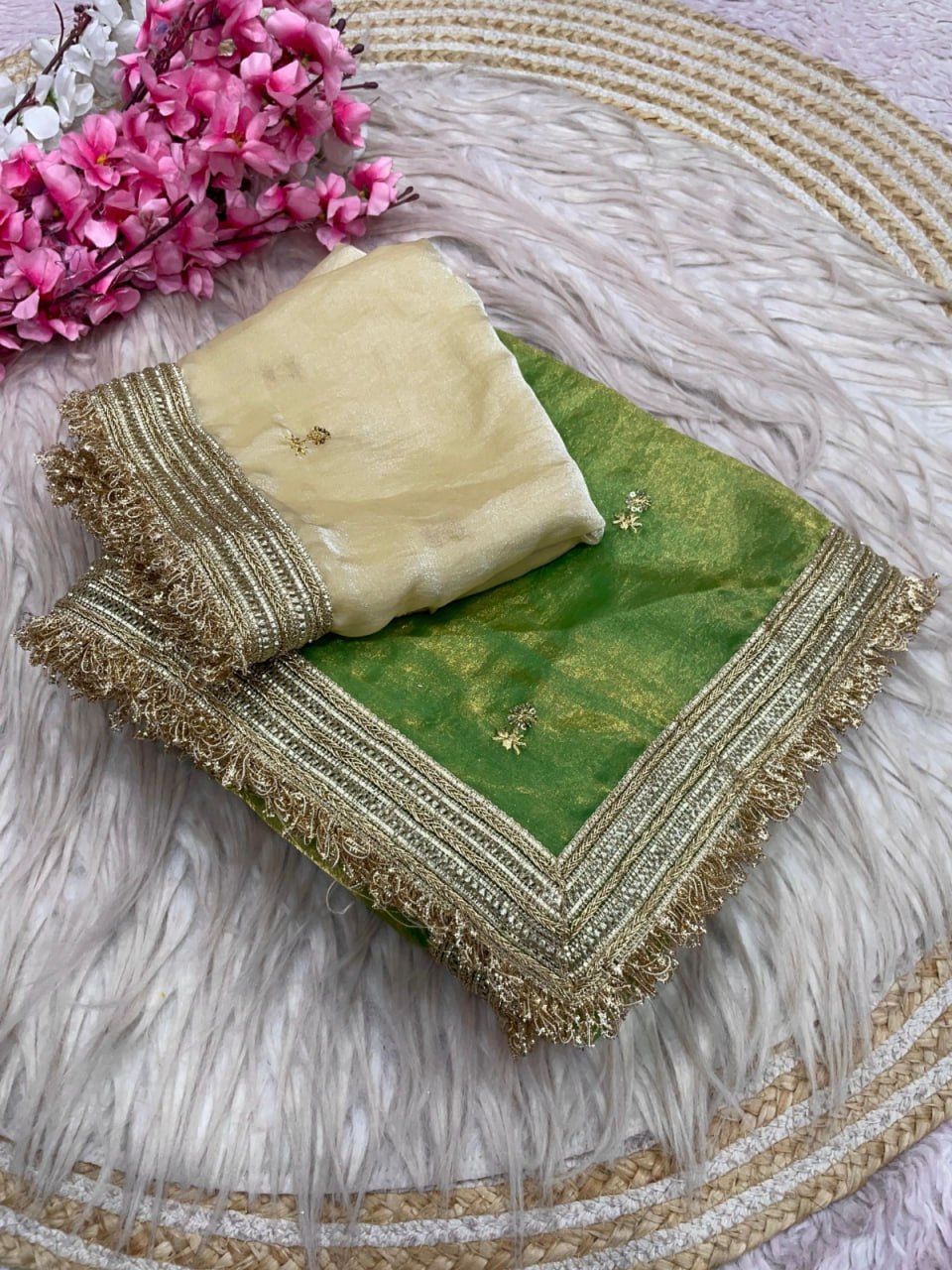Elegant Fandy Satin Saree with Sequins Butti & Designer Lace Border -PARROT