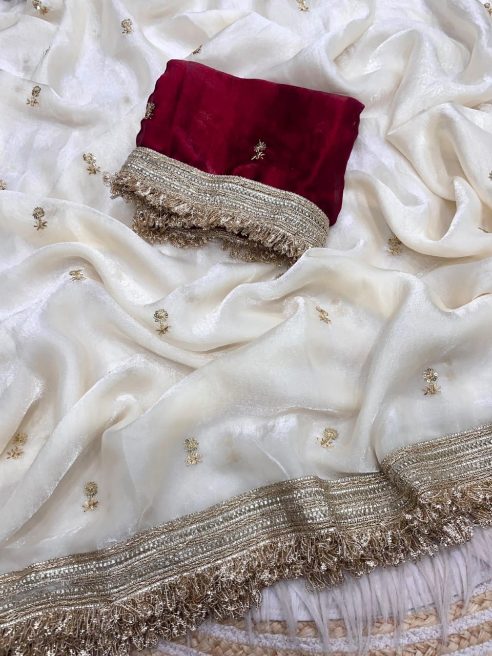 Elegant Fandy Satin Saree with Sequins Butti & Designer Lace Border -WHITE