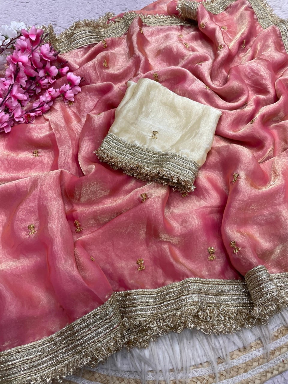 Elegant Fandy Satin Saree with Sequins Butti & Designer Lace Border -PINK