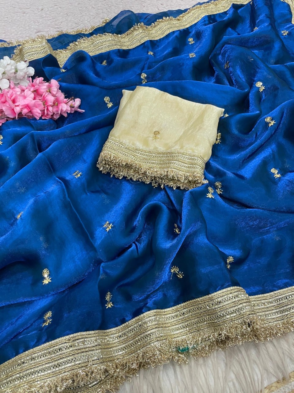 Elegant Fandy Satin Saree with Sequins Butti & Designer Lace Border -BLUE