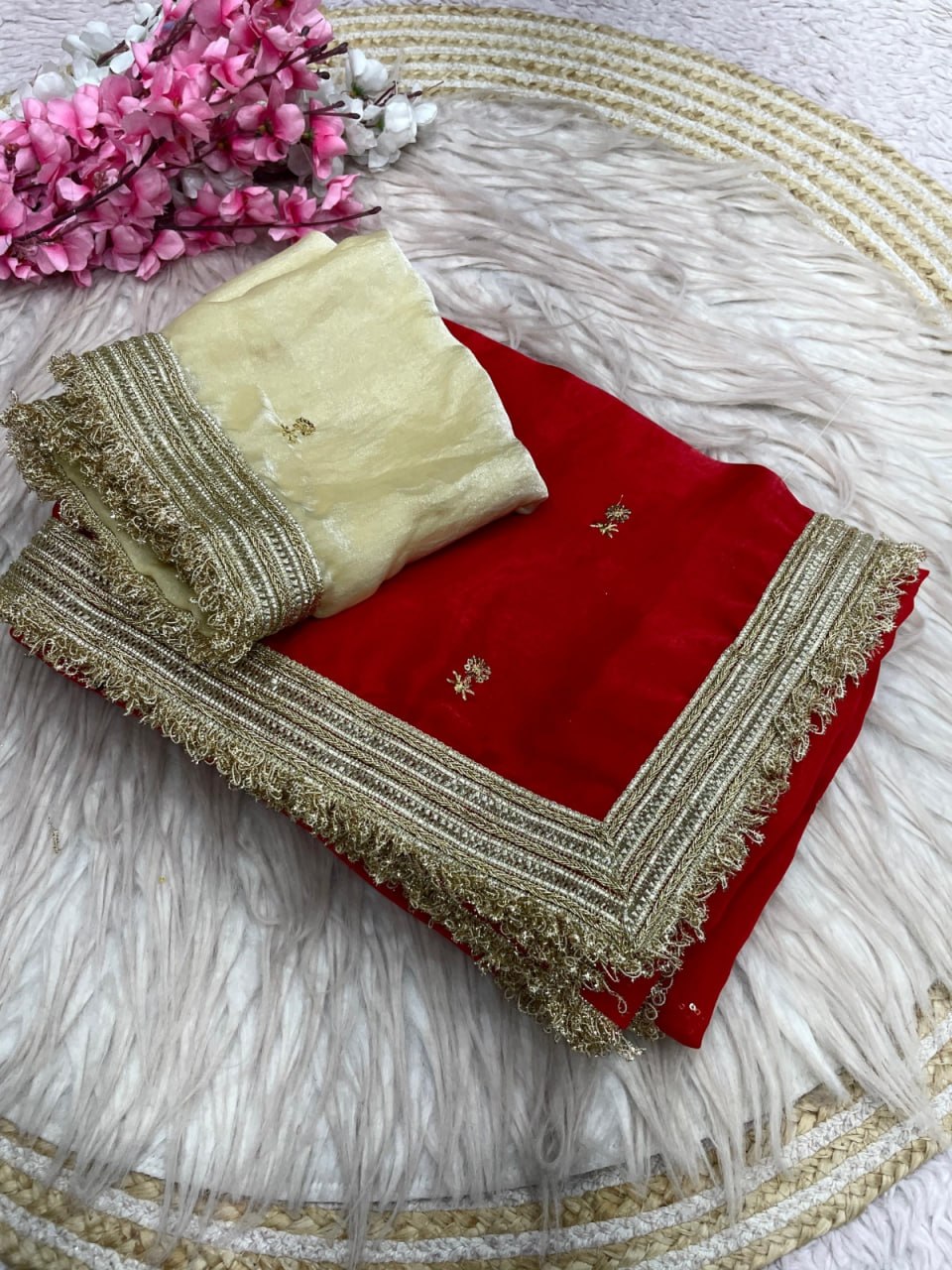 Elegant Fandy Satin Saree with Sequins Butti & Designer Lace Border -RED