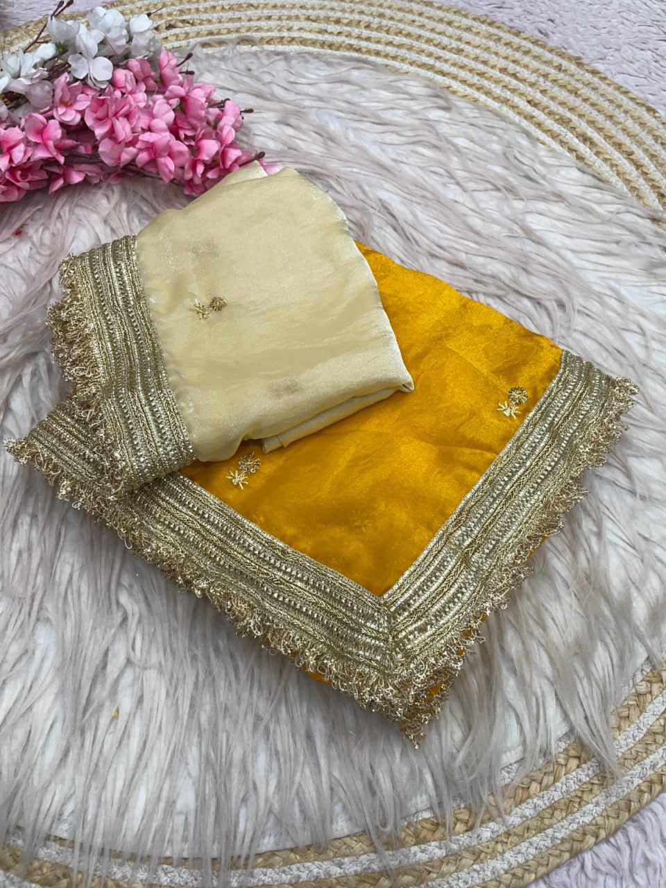 Elegant Fandy Satin Saree with Sequins Butti & Designer Lace Border -YELLOW