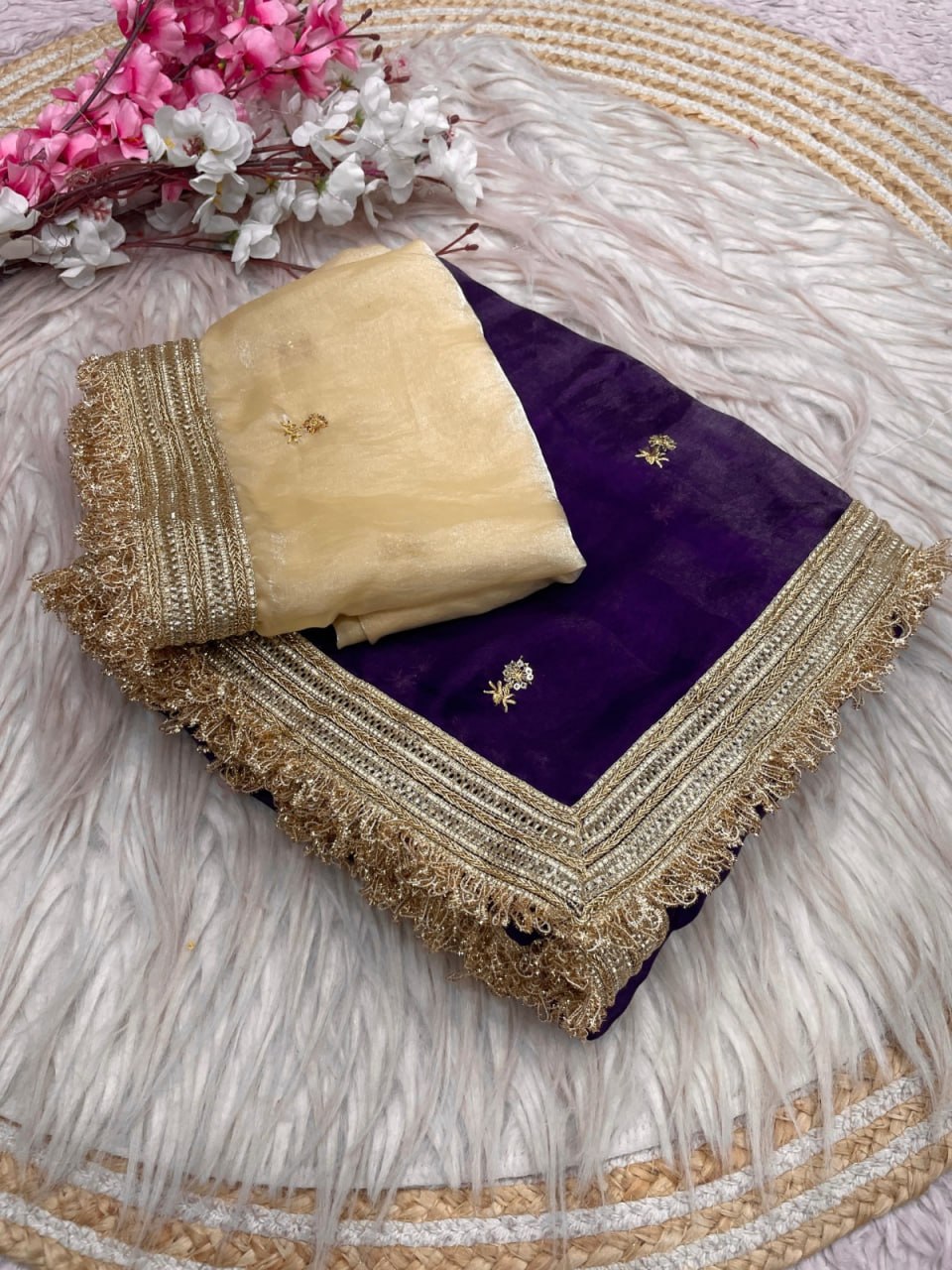 Elegant Fandy Satin Saree with Sequins Butti & Designer Lace Border -PURPLE