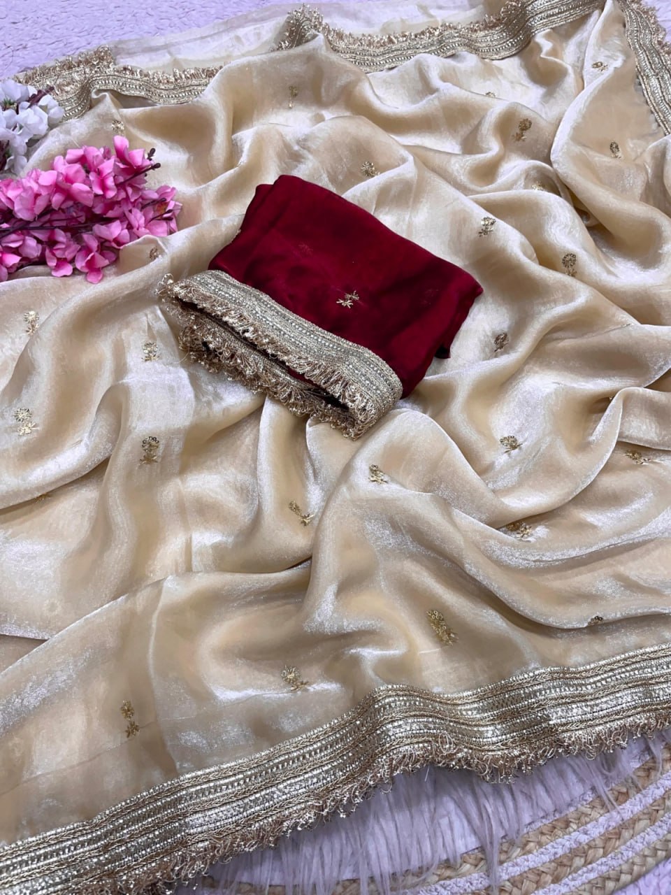 Elegant Fandy Satin Saree with Sequins Butti & Designer Lace Border -OFF WHITE