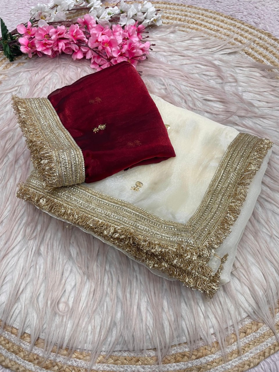 Elegant Fandy Satin Saree with Sequins Butti & Designer Lace Border -WHITE