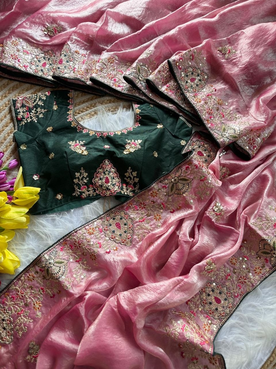 Royal Golden Fandy Silk Saree - PINK