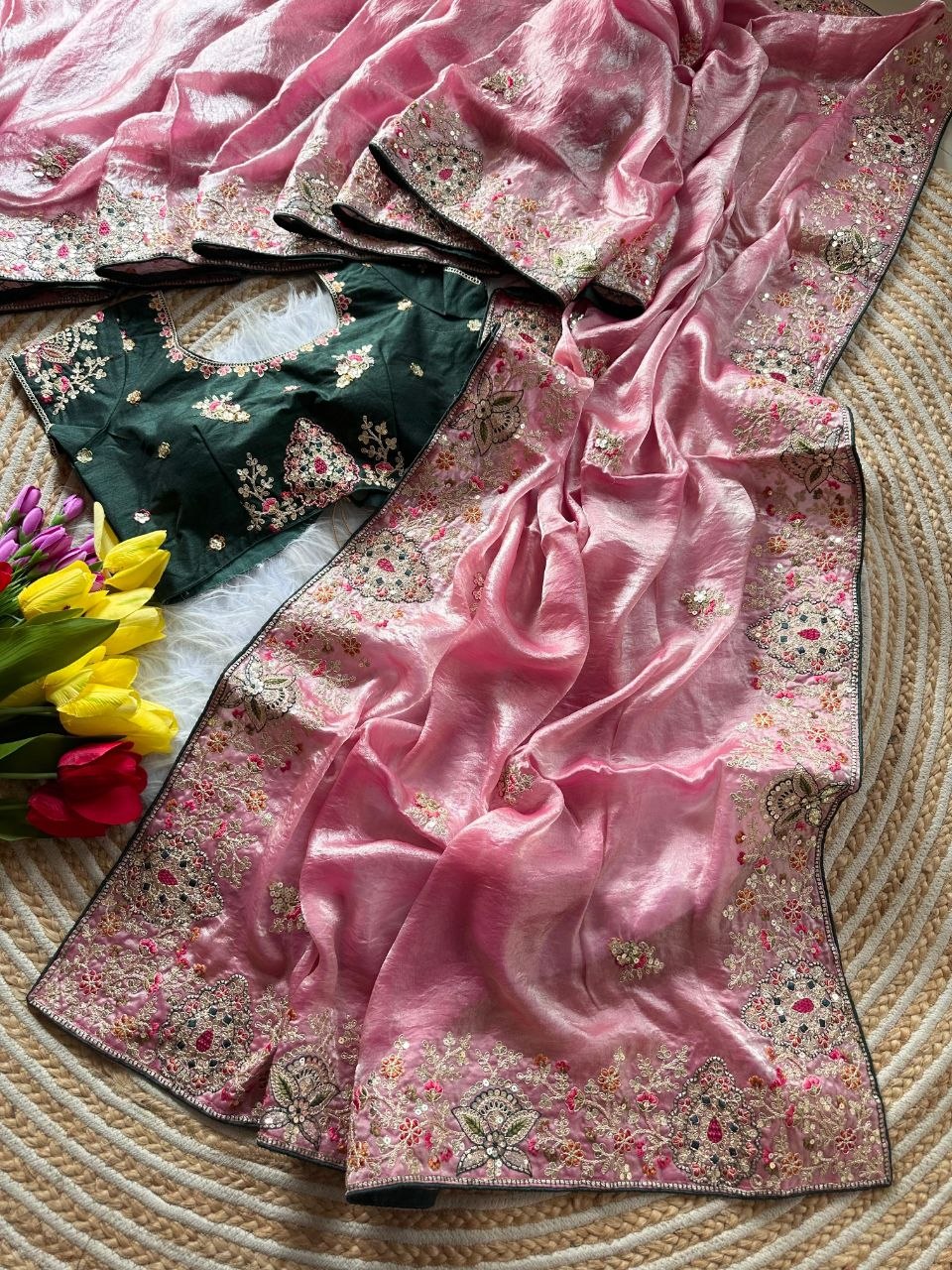 Royal Golden Fandy Silk Saree - PINK