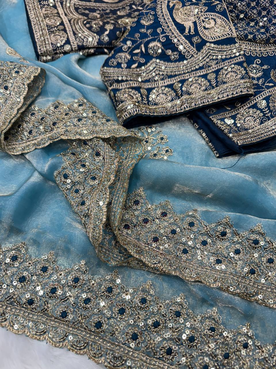 Zarmina Royale Satin Saree-  SKY BLUE