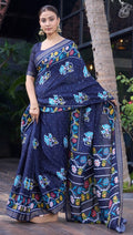 Elegance Premium Soft Tusser Floral Printed Designer Saree with Rich Heavy Weaving Border & Contrast Blouse Piece -BLUE
