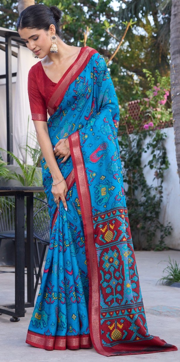 Elegance Premium Soft Tusser Floral Printed Designer Saree with Rich Heavy Weaving Border & Contrast Blouse Piece -SKY